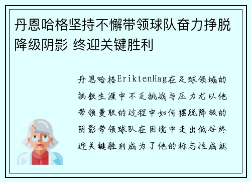 丹恩哈格坚持不懈带领球队奋力挣脱降级阴影 终迎关键胜利