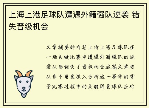 上海上港足球队遭遇外籍强队逆袭 错失晋级机会