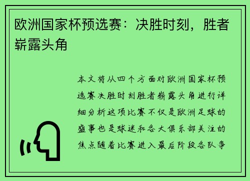欧洲国家杯预选赛：决胜时刻，胜者崭露头角
