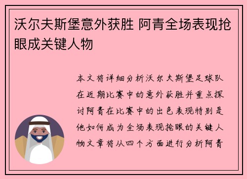 沃尔夫斯堡意外获胜 阿青全场表现抢眼成关键人物