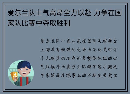 爱尔兰队士气高昂全力以赴 力争在国家队比赛中夺取胜利