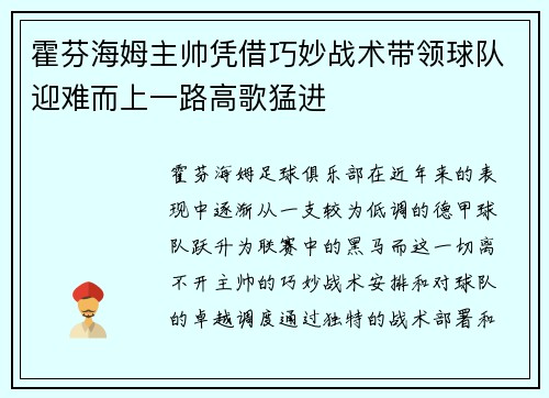 霍芬海姆主帅凭借巧妙战术带领球队迎难而上一路高歌猛进